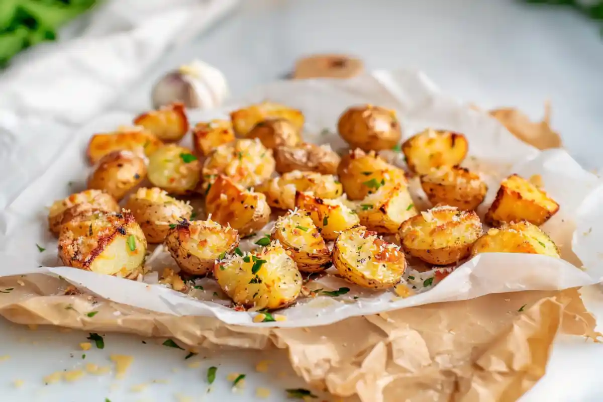 Air fryer garlic parmesan potatoes on parchment paper on a white marble countertop