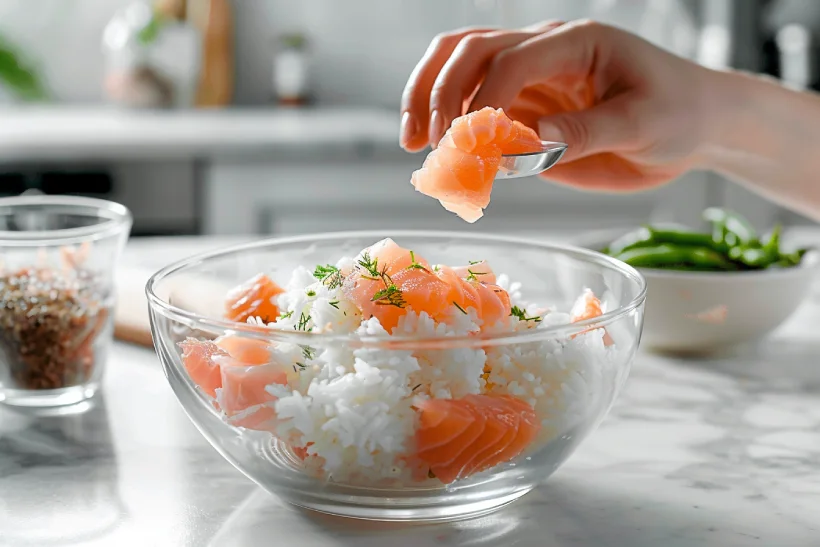 Hand adding warm jasmine rice into a centered glass bowl during salmon rice bowl prep.
