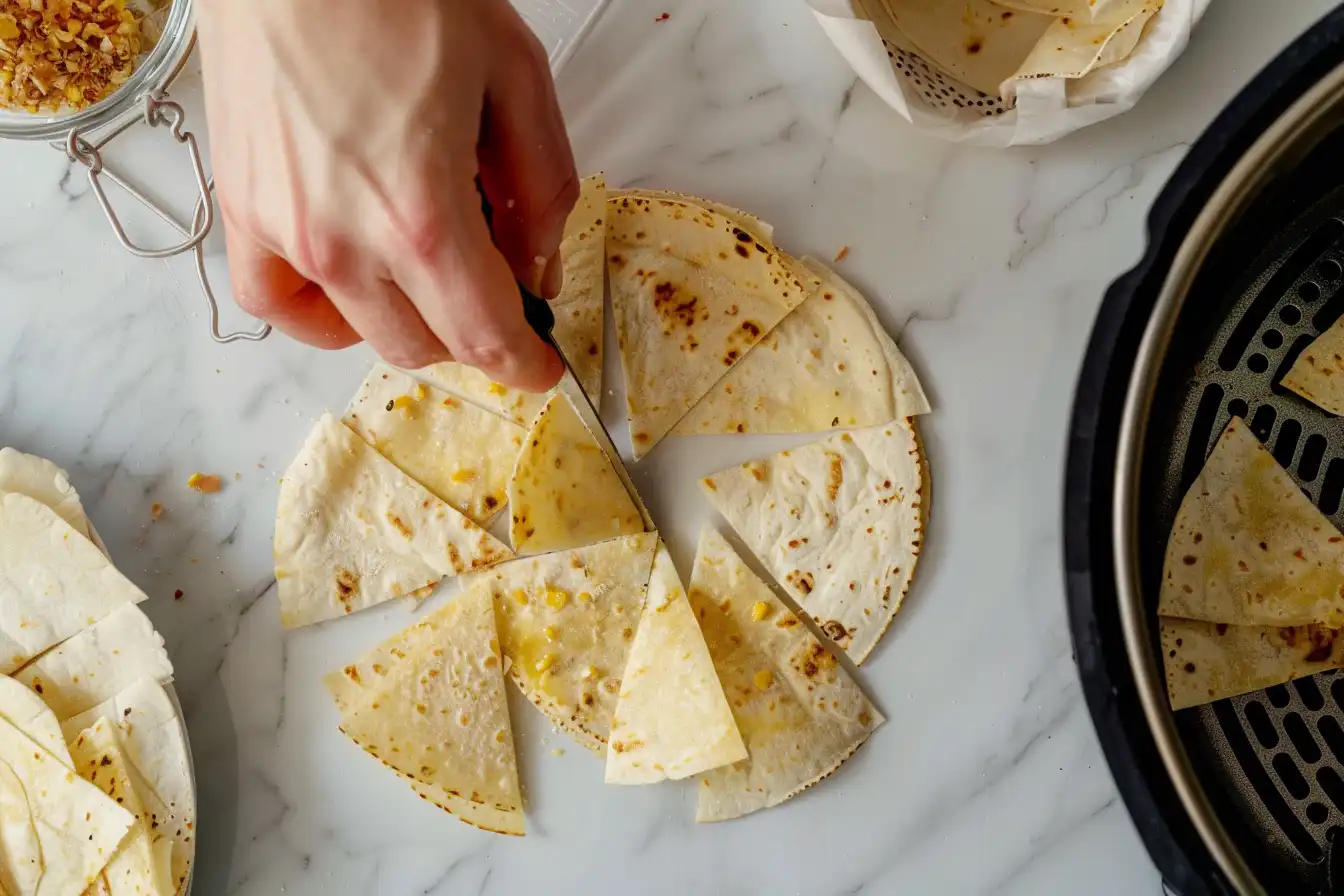 Hand cutting corn tortillas into even triangles on a white marble countertop.