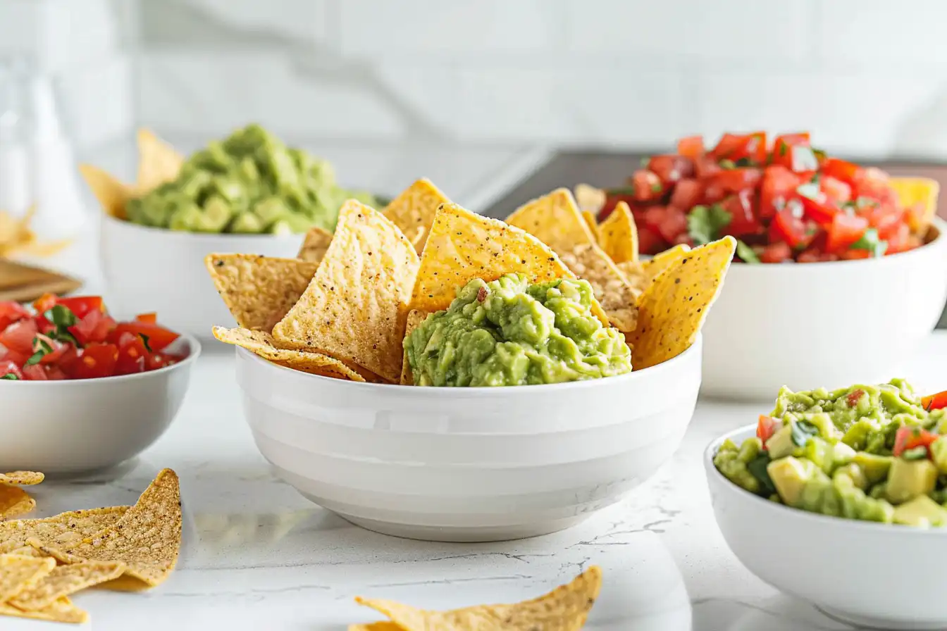 Crispy tortilla chips served with guacamole and salsa on a white marble countertop.