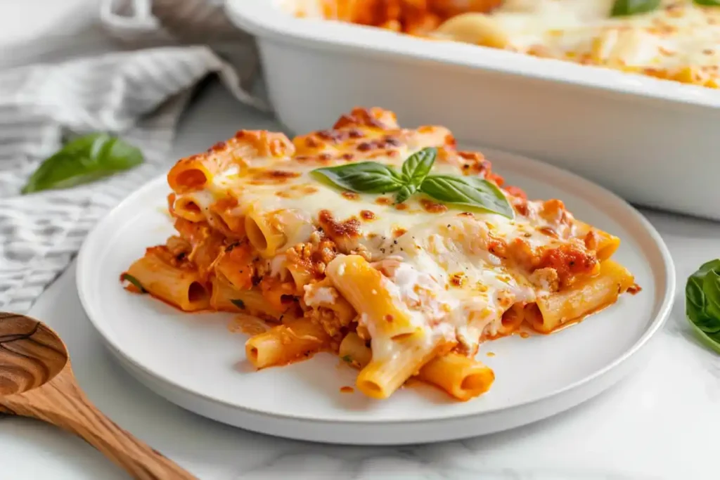 Baked ziti recipe no meat with bubbling golden cheese fresh from the oven in a white ceramic dish