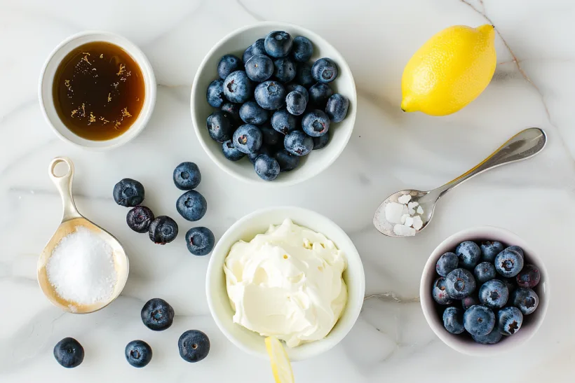Flat lay of blueberries, cream cheese, lemon, sugar, and other ingredients on white marble