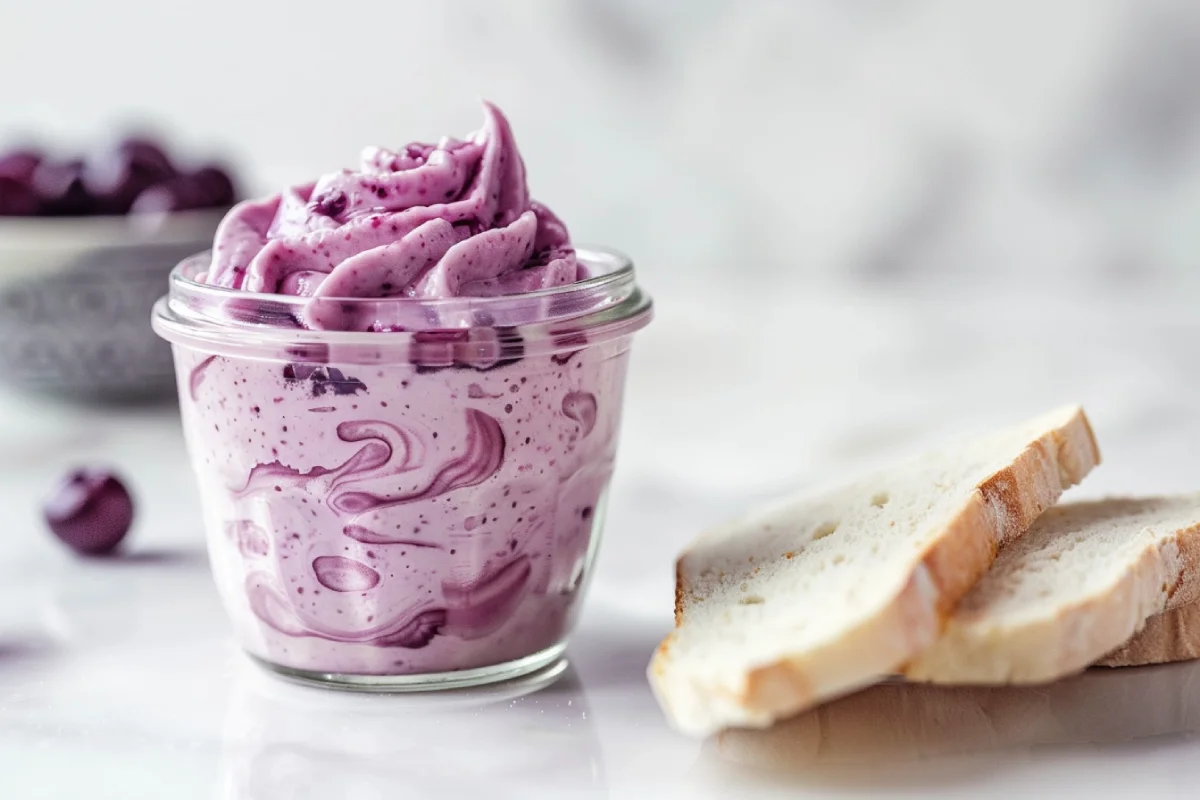 Glass jar of blueberry cream cheese with marbled swirls and sandwich bread slices on the side