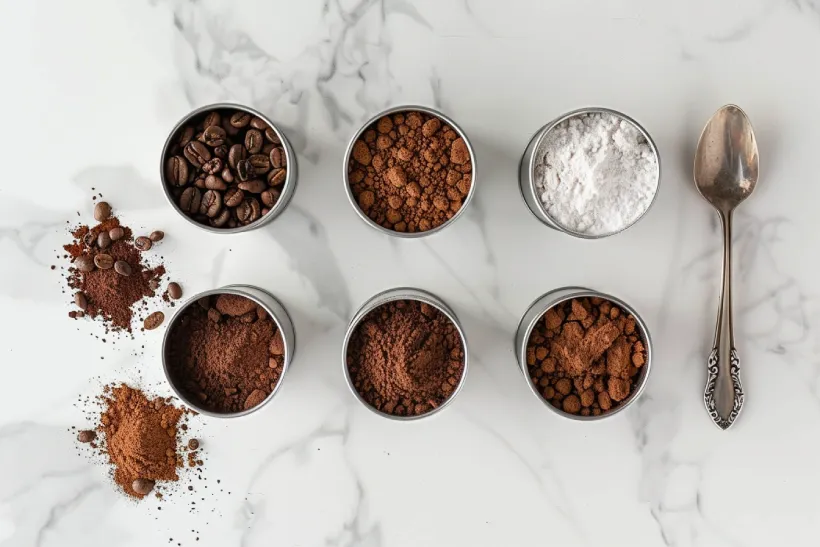 ingredients for coffee and hot chocolate mix including cocoa powder, coffee, and milk powder