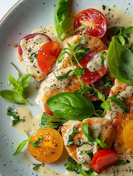 creamy-tomato-basil-chicken-weeknight-dinner Creamy tomato basil chicken topped with fresh herbs