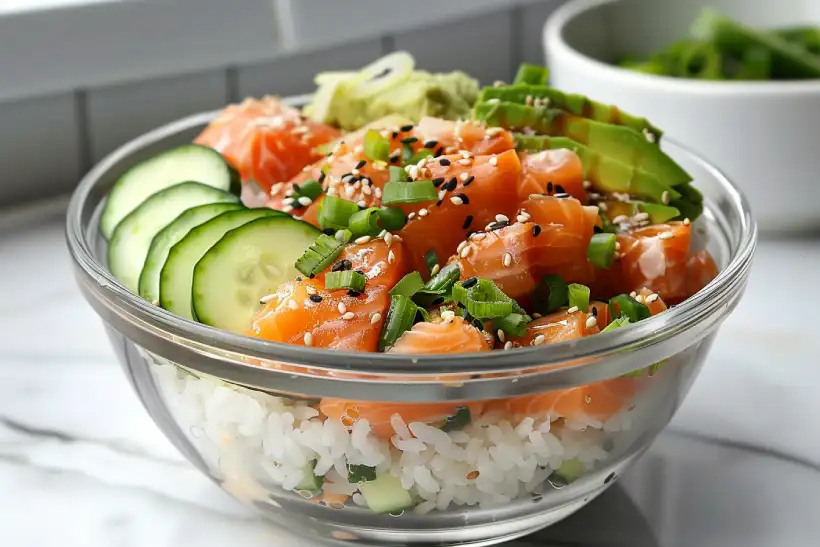 Side-profile view of a completed salmon rice bowl in a glass bowl on white marble.