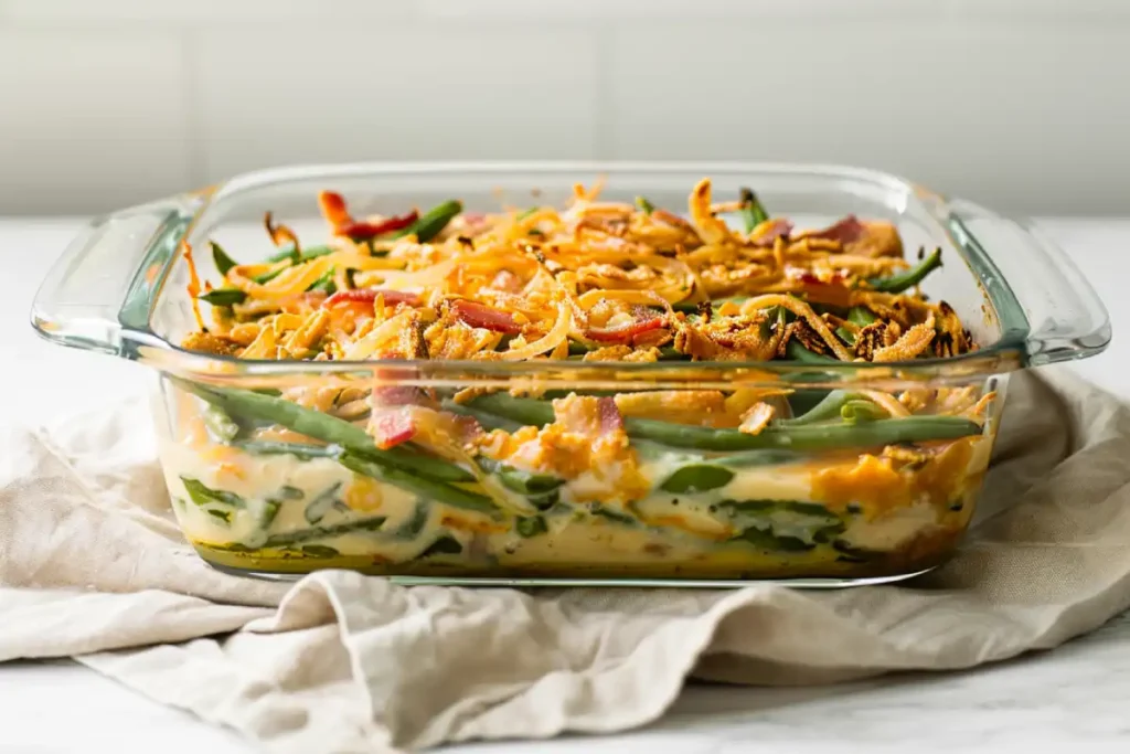 Green bean and bacon casserole baking in a transparent glass dish, photographed at a 45-degree angle on a white countertop with a beige linen napkin