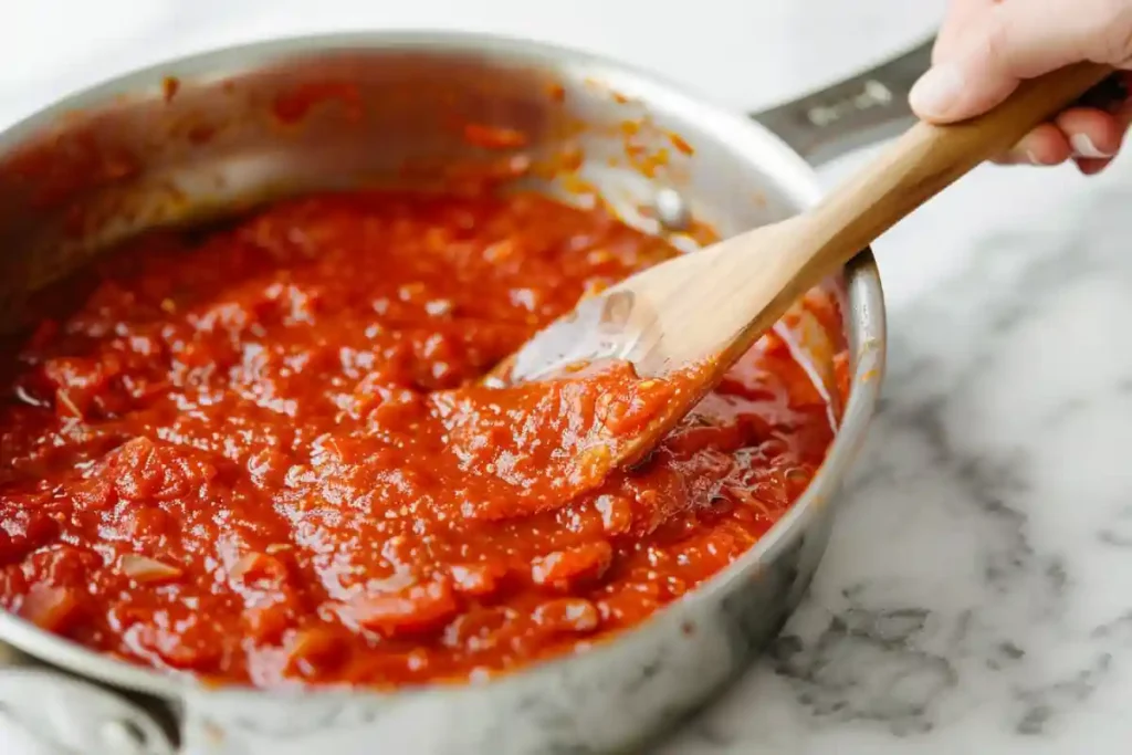 Thick simmering marinara sauce in a stainless-steel pan, stirred with a wooden spoon.