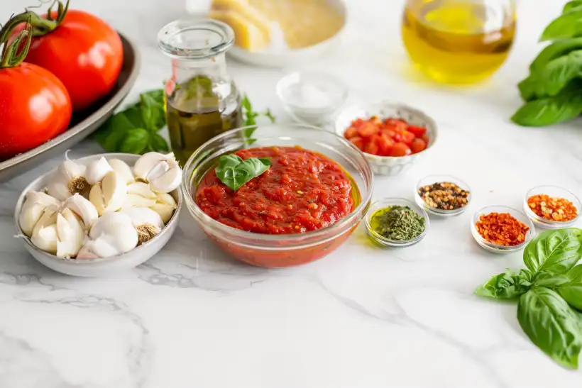 Ingredients for homemade marinara sauce arranged in small glass bowls on a white marble countertop.