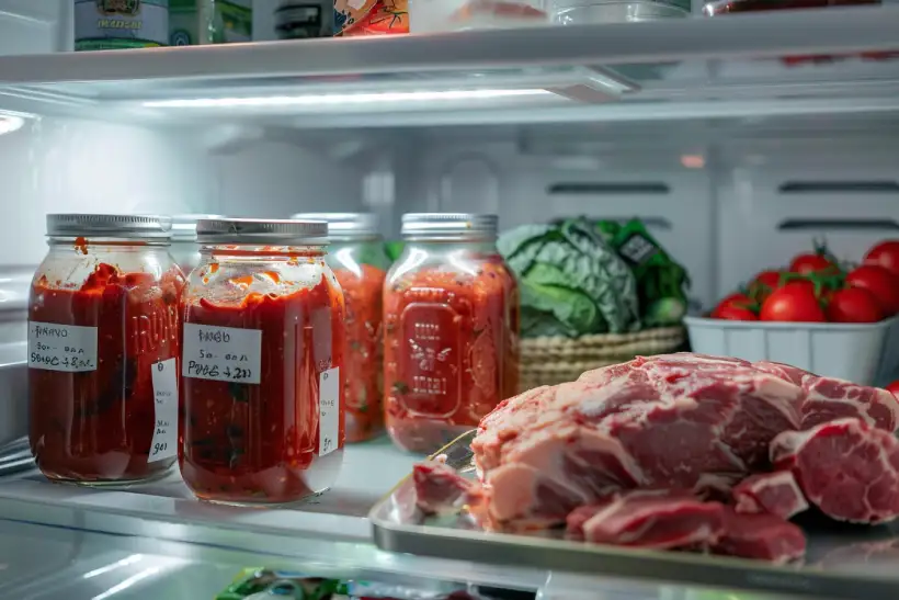 Four labeled glass jars of homemade marinara sauce stored in a refrigerator next to raw meat and other fresh foods.
