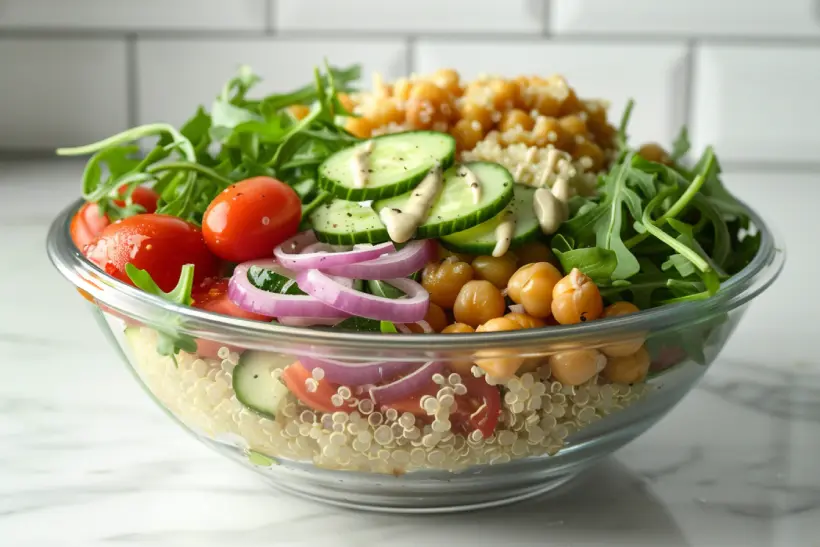Mediterranean bowl close-up with quinoa, cucumbers, tomatoes, red onion, chickpeas, and arugula
