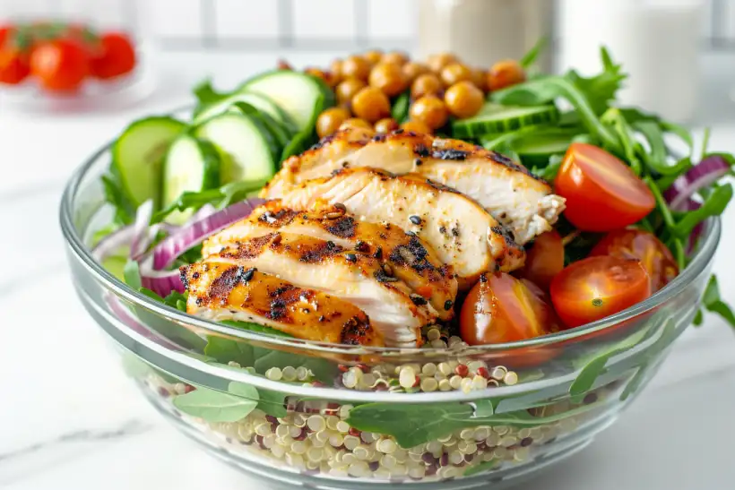 Mediterranean bowl with grilled chicken, quinoa, cucumbers, tomatoes, red onion, and arugula