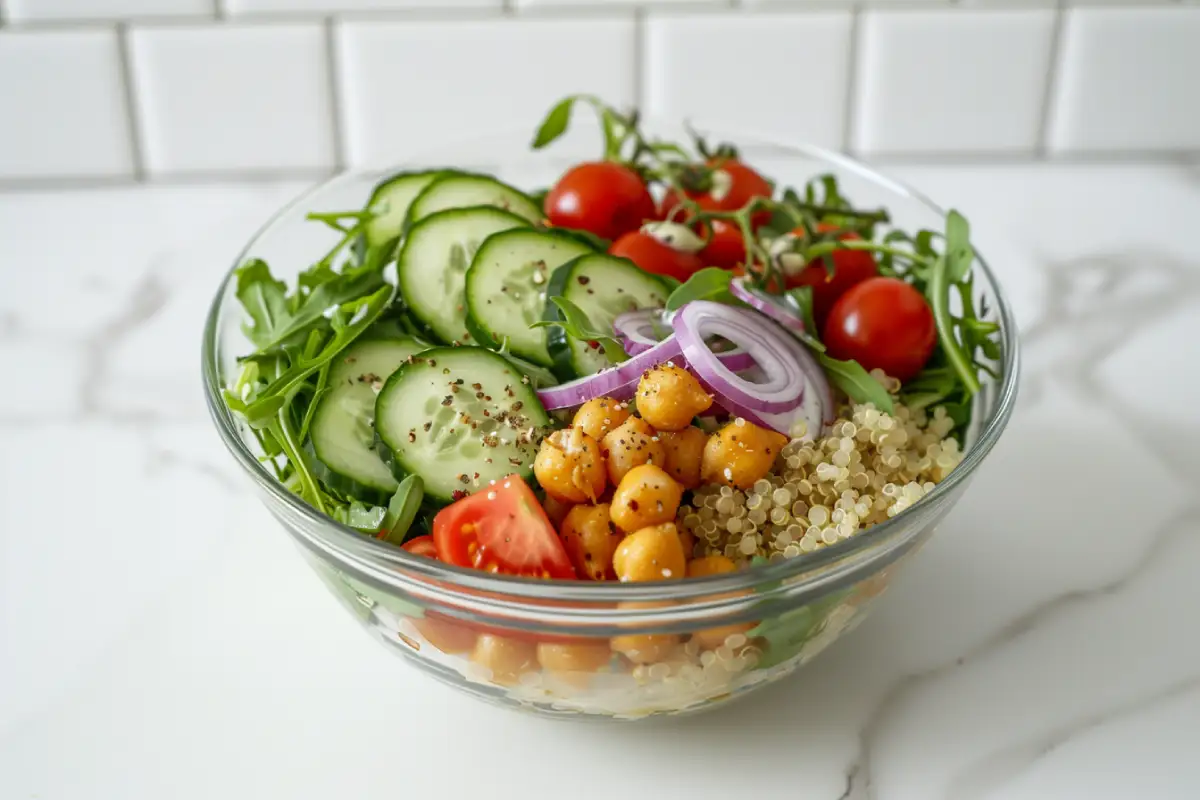 Mediterranean bowl with quinoa, cucumbers, cherry tomatoes, red onion, arugula, and chickpeas in a clear glass bowl