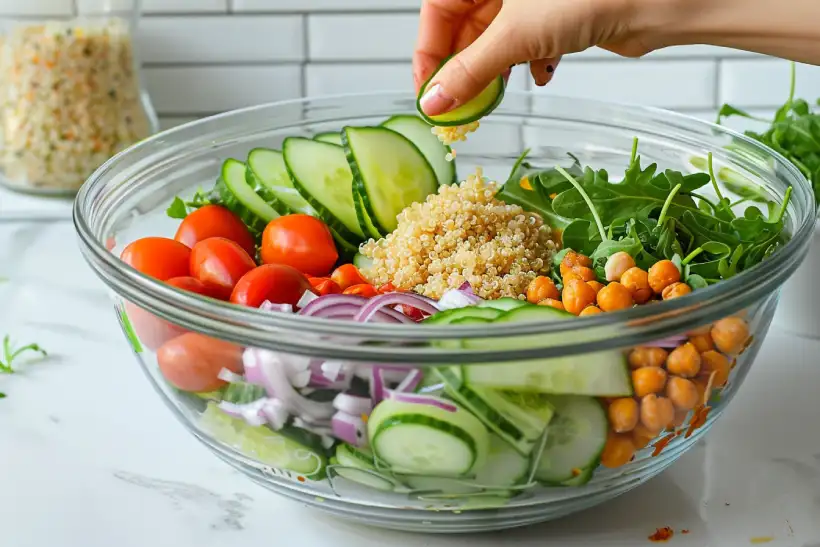 Hand adding cooked quinoa into a Mediterranean bowl during assembly