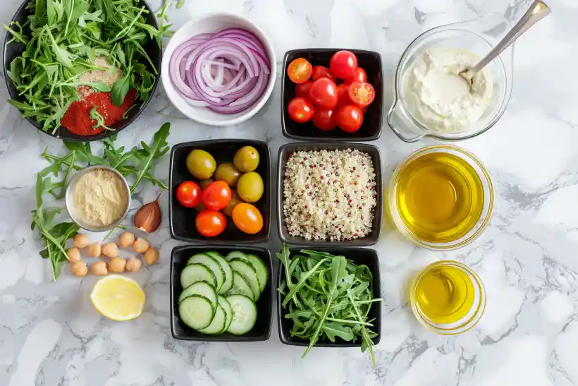 Flat lay of Mediterranean bowl ingredients in black square ramekins on white marble