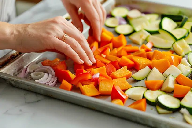 Fresh vegetables — sweet potato, bell pepper, zucchini, red onion — being chopped on a wooden board