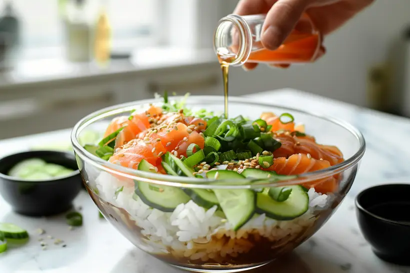 Soy-sesame sauce being drizzled over a nearly finished salmon rice bowl.