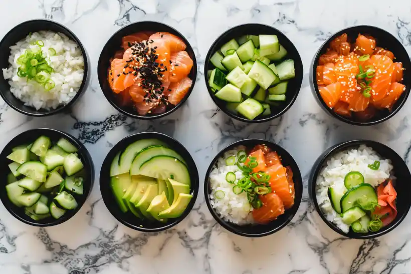 Separated ingredients for a salmon rice bowl arranged in small black ramekins on white marble.