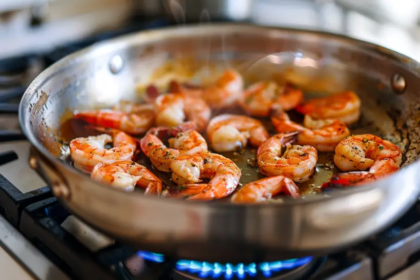 Shrimp sizzling in a stainless steel pan over a blue gas flame