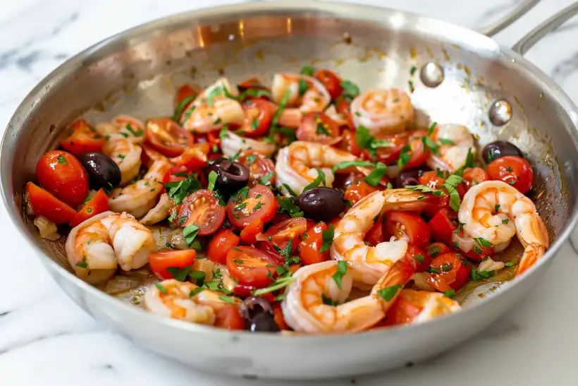 Shrimp tossed back into a glossy Mediterranean tomato and olive sauce