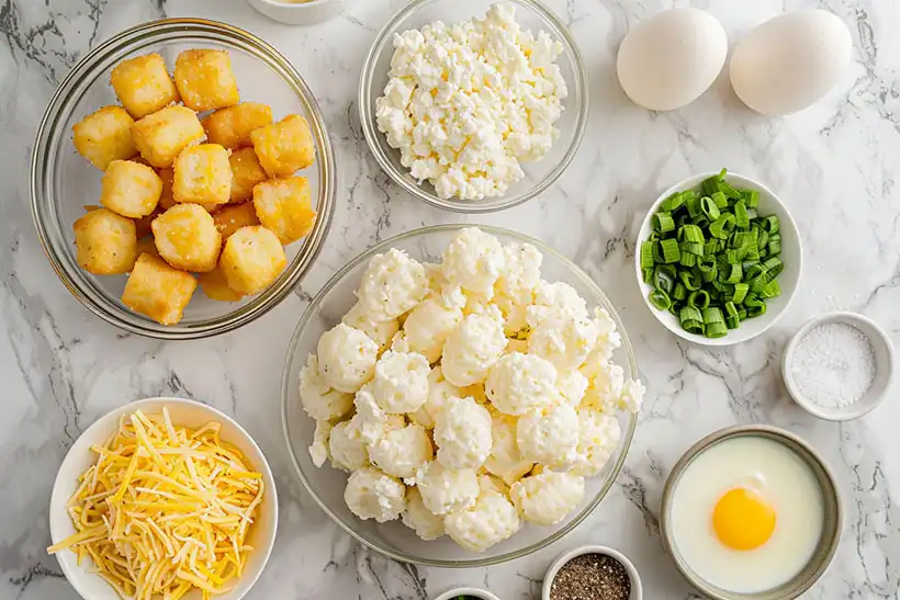 Individual bowls with eggs, cheese, sausage, tater tots, peppers, and milk displayed on a white marble surface