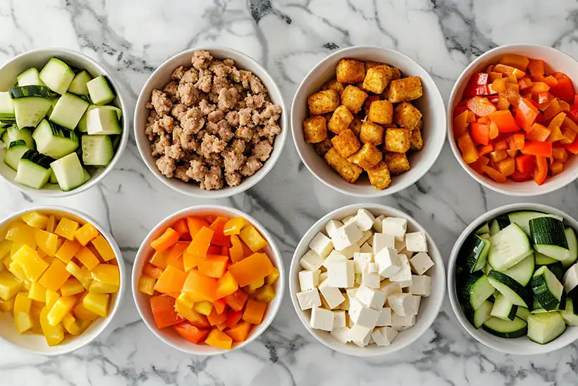 Multiple bowls with variations of zucchini, peppers, cheese, sausage, and tater tots on white background