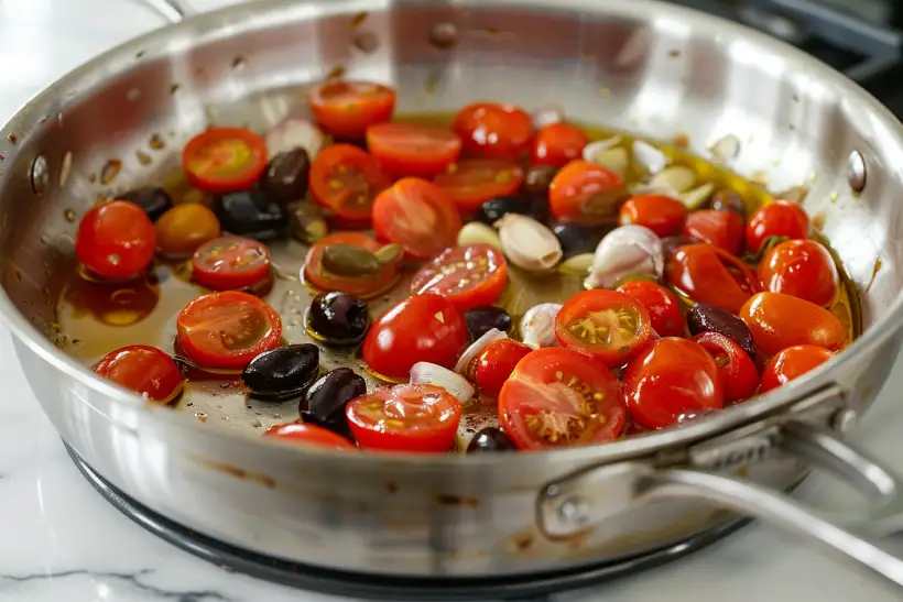 Cherry tomatoes and kalamata olives simmering in olive oil in a stainless steel pan