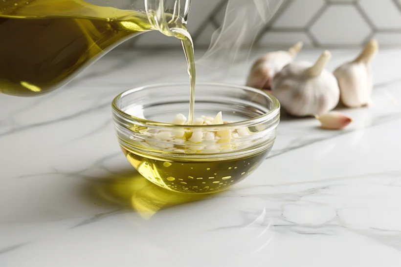 Warm garlic dressing being poured into a clear glass bowl on a white marble countertop, side profile view.