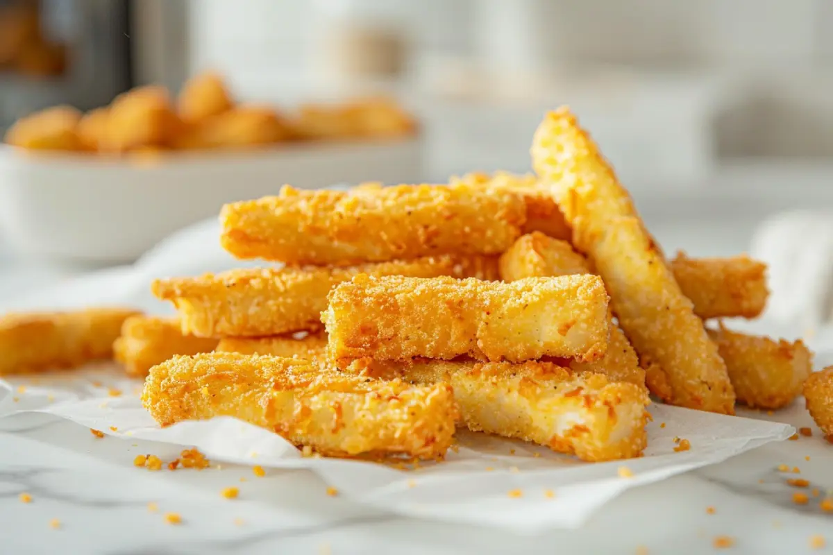 Large quantity of crispy fish sticks in air fryer style, piled on parchment paper with an air fryer blurred in the background.