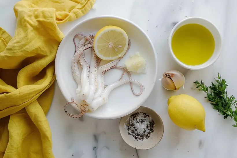 Calamari ingredients arranged on white marble with lemon, olive oil, and yellow linen.