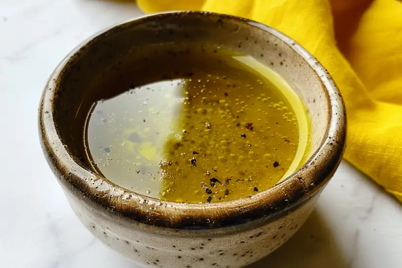 Lemon and olive oil marinade mixed in a small bowl on white marble.