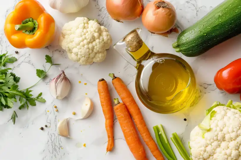 Fresh vegetables and olive oil prepared for roasted vegetable soup on a marble countertop