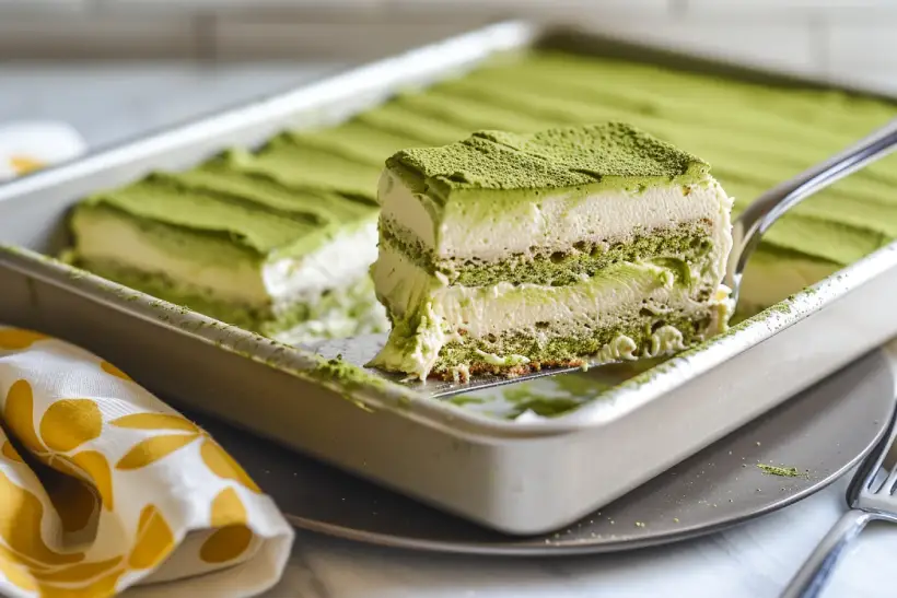 Slice of matcha tiramisu being lifted from a stainless steel pan, showing creamy green layers dusted with matcha powder