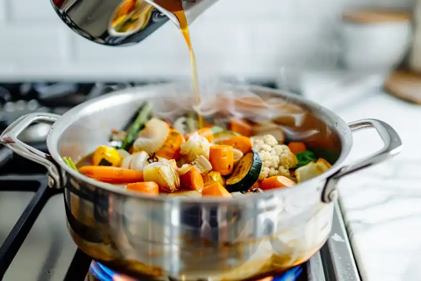 Vegetable stock being poured over roasted vegetables in a pot on the stove
