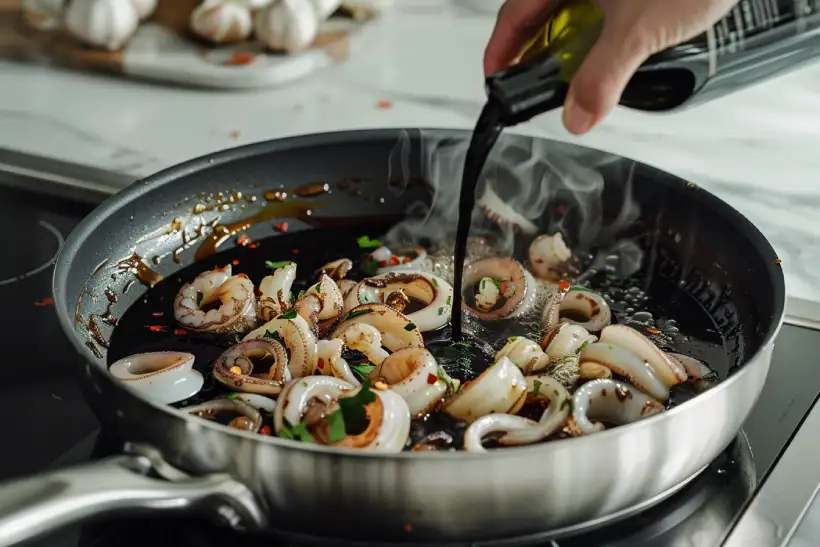 Squid ink being stirred into calamari sauce for calamari ink pasta