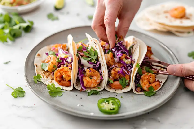 Hands assembling baja shrimp tacos on a matte grey plate over white marble, adding shrimp and slaw.