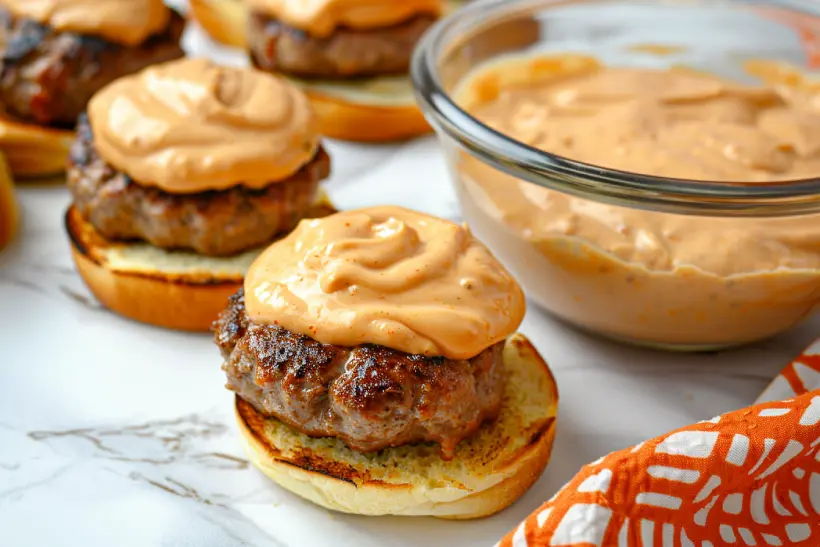 Burgers and sliders filled with creamy orange BBQ mayo sauce, served with a glass bowl of the same sauce on an orange patterned cloth.