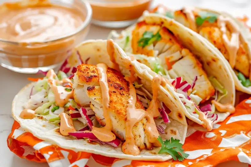 Crispy fish tacos drizzled with creamy orange BBQ mayo sauce, with a glass bowl of sauce resting on an orange patterned cloth.