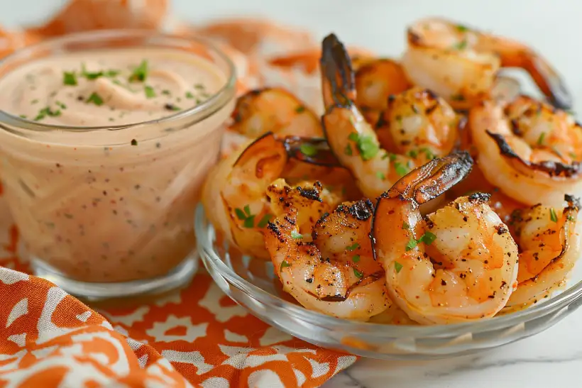 Grilled shrimp served with a glass bowl of creamy orange BBQ mayo sauce on an orange patterned cloth over white marble.