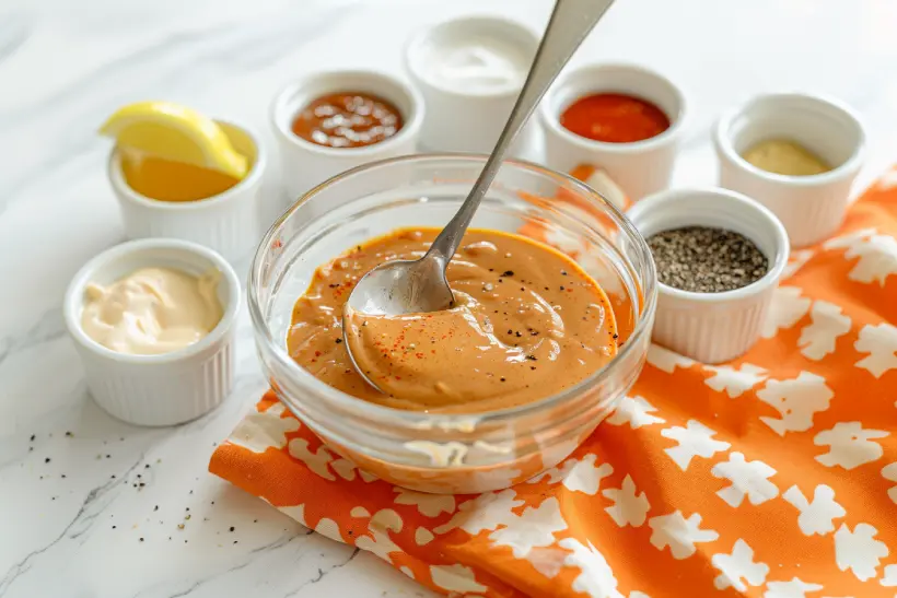 Glass bowl of creamy smoky sauce with a spoon, surrounded by individual ramekins of mayo, BBQ sauce, spices, and lemon on marble.