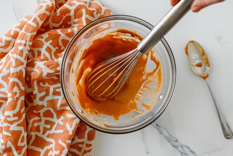 BBQ mayo sauce being whisked in a glass bowl on an orange patterned cloth over white marble.