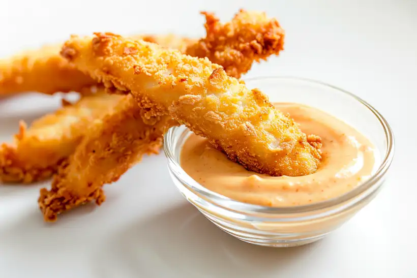 Glass bowl of creamy BBQ mayo sauce with a golden fish stick partially dipped, on a white marble surface