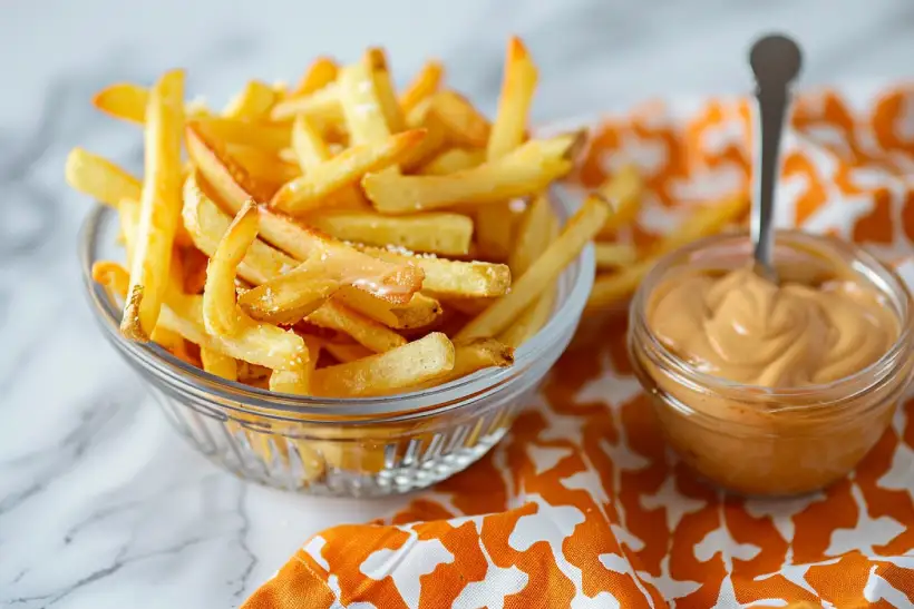 BBQ mayo sauce served in a small glass bowl beside a bowl of crispy fries on an orange patterned cloth.