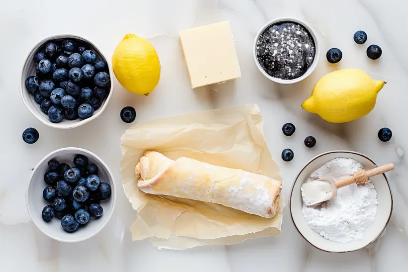 Ingredients for a blueberry cream cheese danish laid out on a white marble surface.
