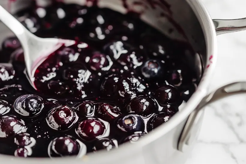 Blueberry filling simmering in a saucepan until thick and glossy.