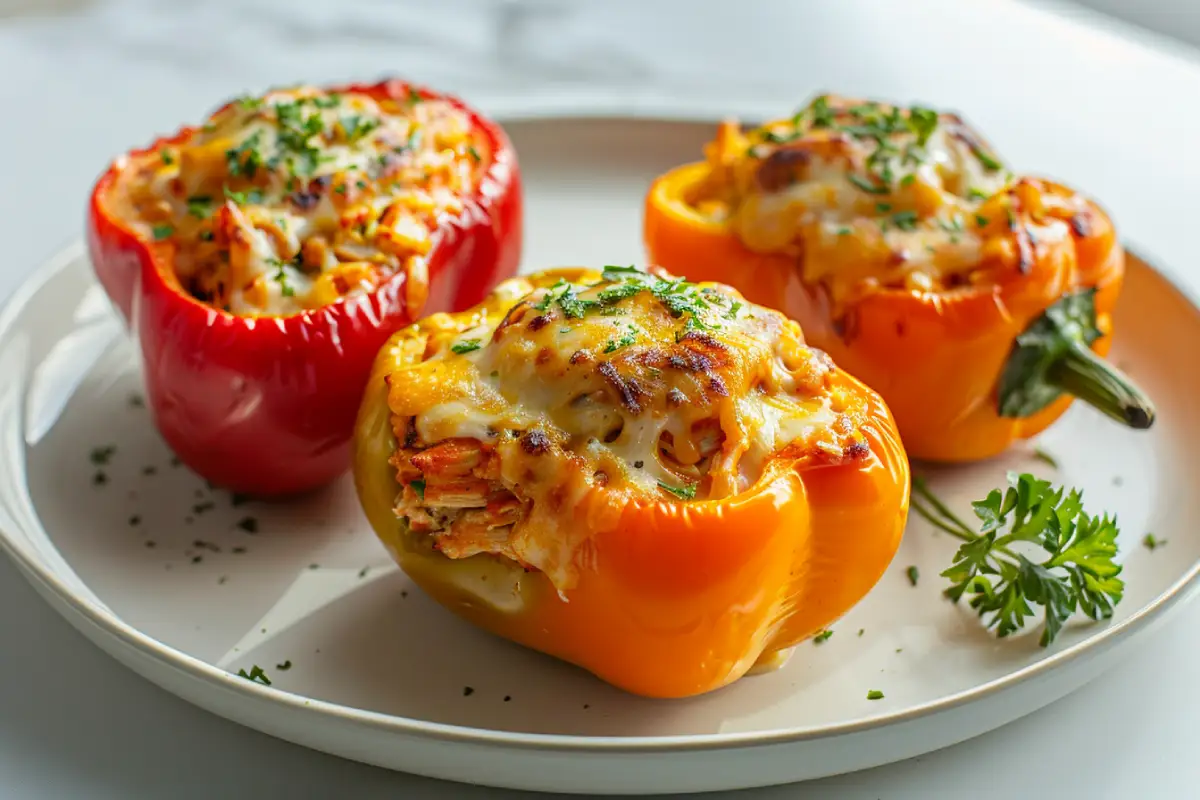 Buffalo chicken stuffed peppers served on a white plate with lightly browned cheese and natural cooking imperfections