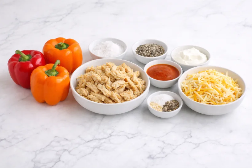 Ingredients for buffalo chicken stuffed peppers including bell peppers, shredded chicken, cheese, buffalo sauce, yogurt, salt and pepper