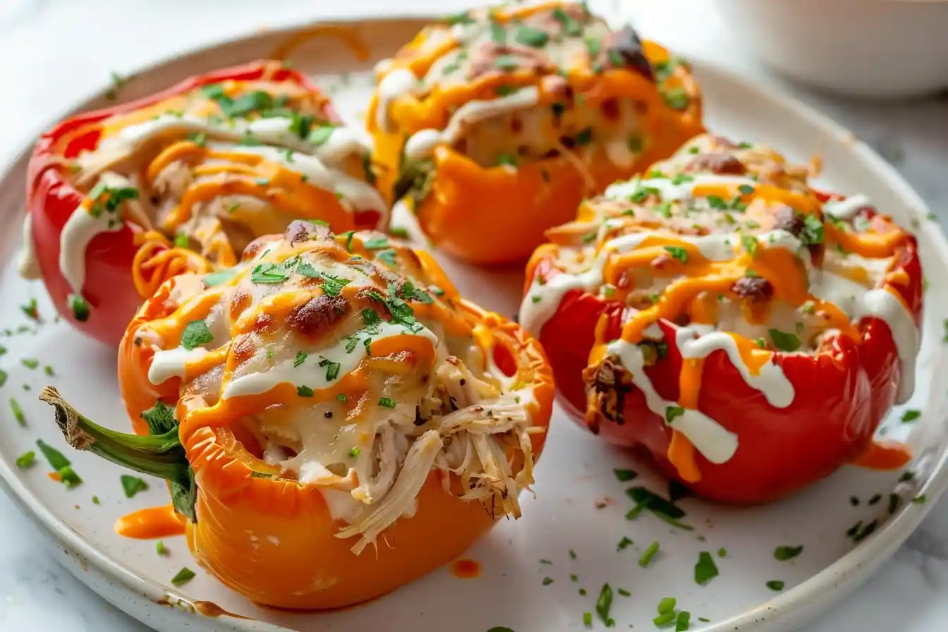 Buffalo chicken stuffed peppers with white sauce drizzle