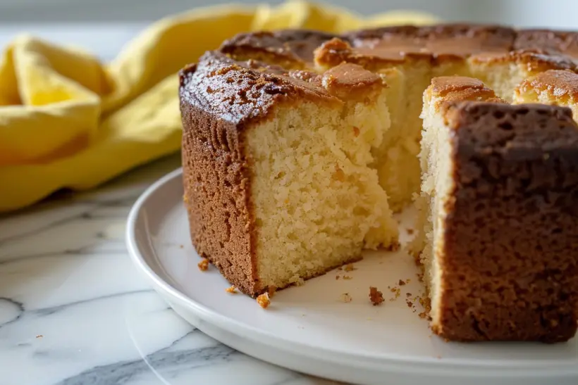 Baked cake sliced open showing moist and even crumb