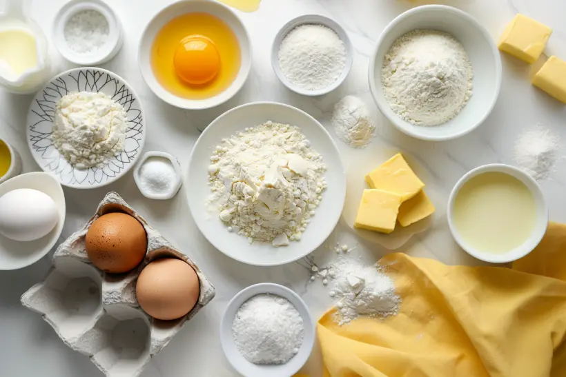 Cake ingredients measured and arranged on a marble countertop
